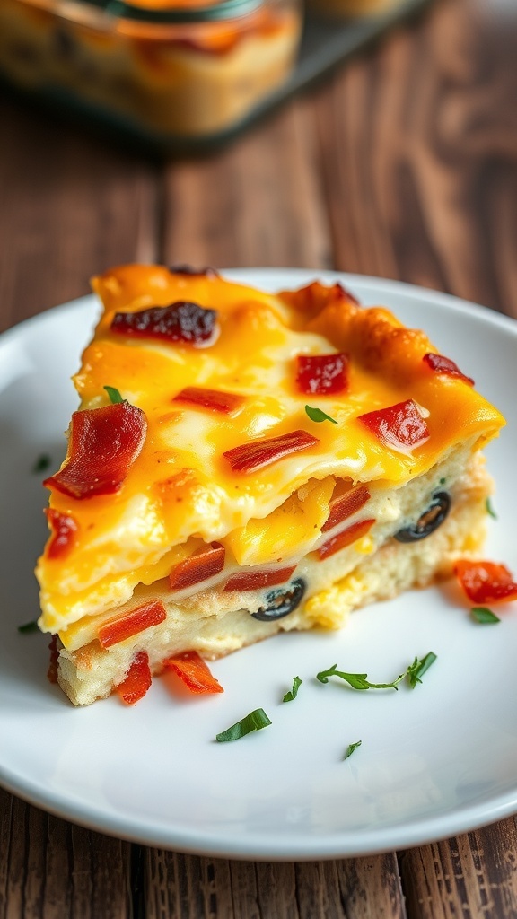 A slice of carnivore egg casserole with bacon and cheese on a plate, garnished with herbs.